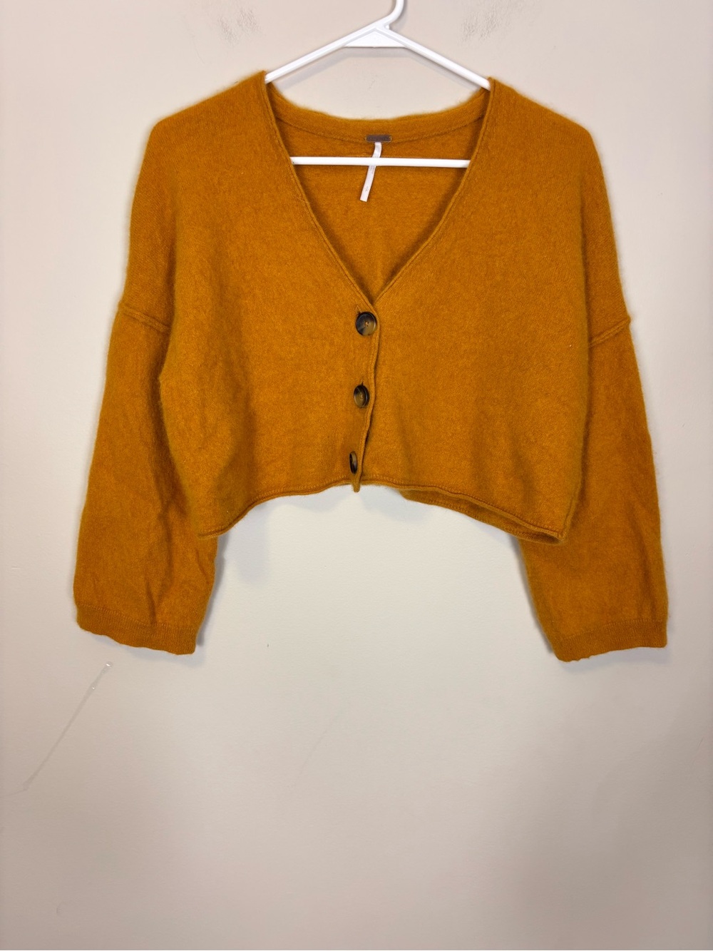 Free People Cropped 100% Cashmere V-Neck Cardigan Sweater Mustard Yellow Small